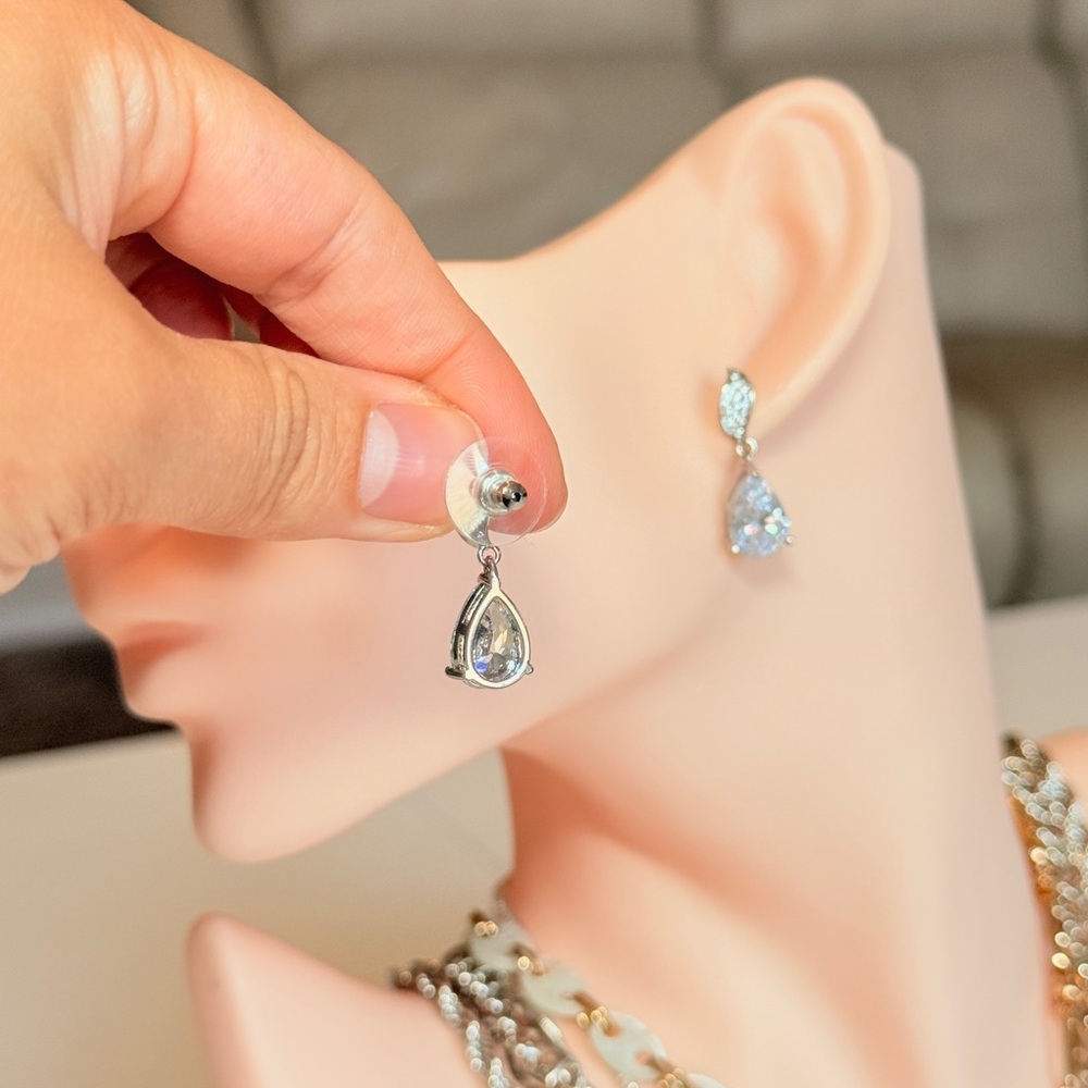 Silver Teardrop Crystal Drop Earrings - Picture 6 of 11